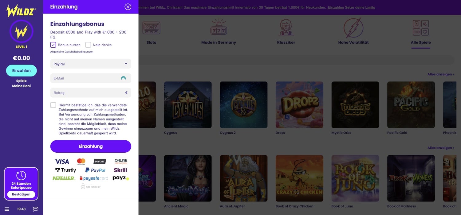 Wildz Casino Einzahlungen
